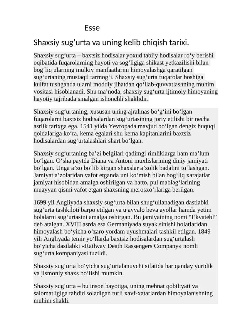 Shaxsiy sug'urta va uning kelib chiqish tarixi