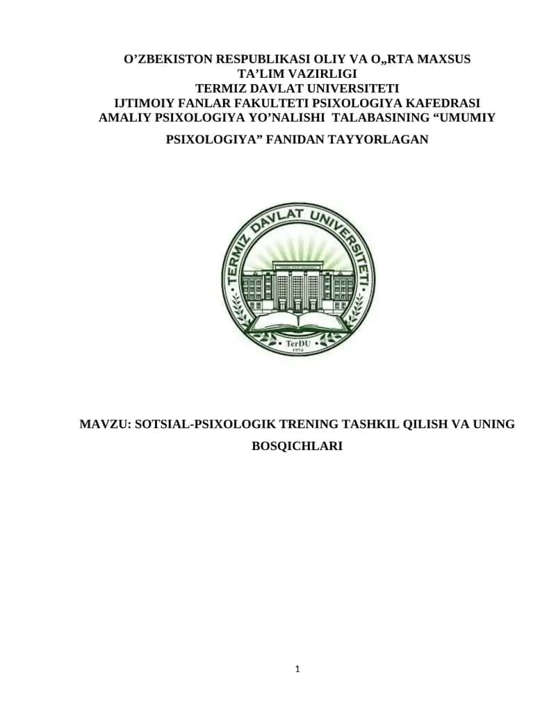 SOTSIAL-PSIXOLOGIK TRENING TASHKIL QILISH VA UNING BOSQICHLARI