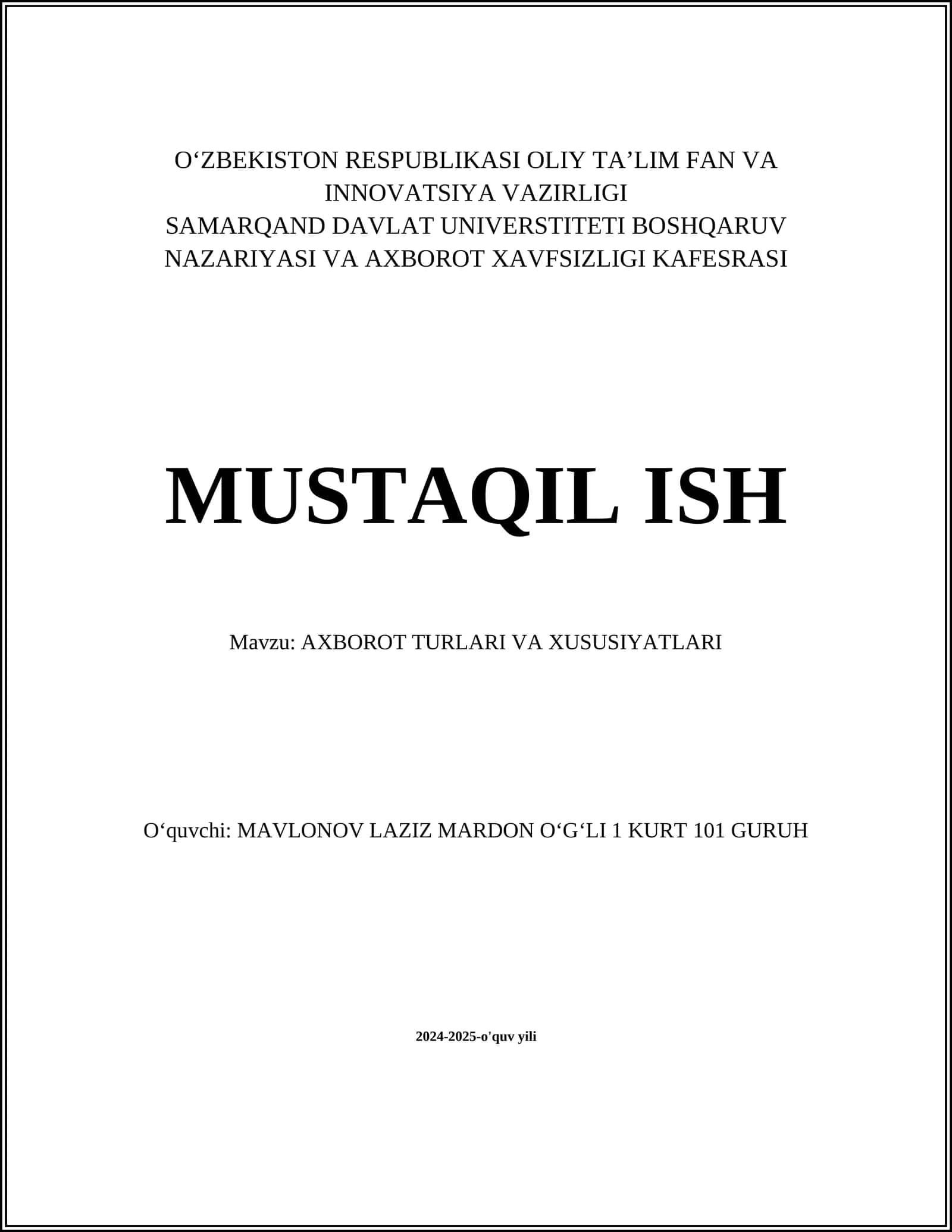 AXBOROT TURLARI VA XUSUSIYATLARI
