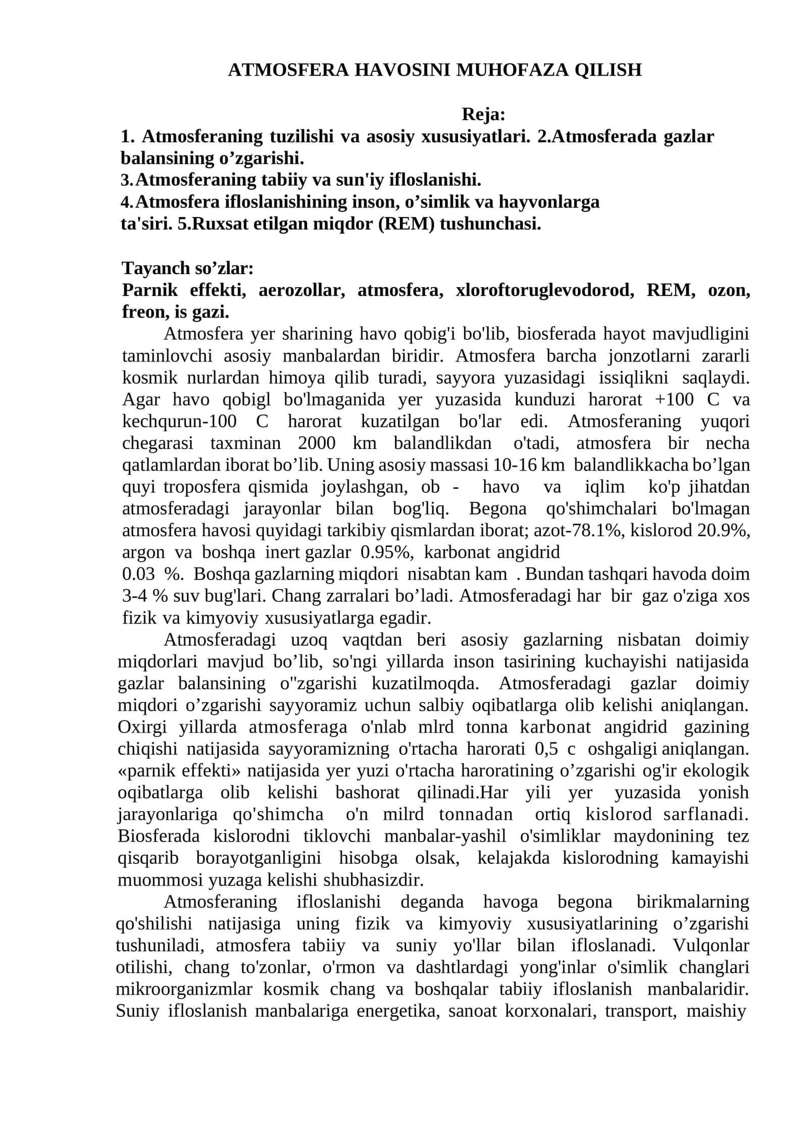 ATMOSFERA HAVOSINI MUHOFAZA QILISH