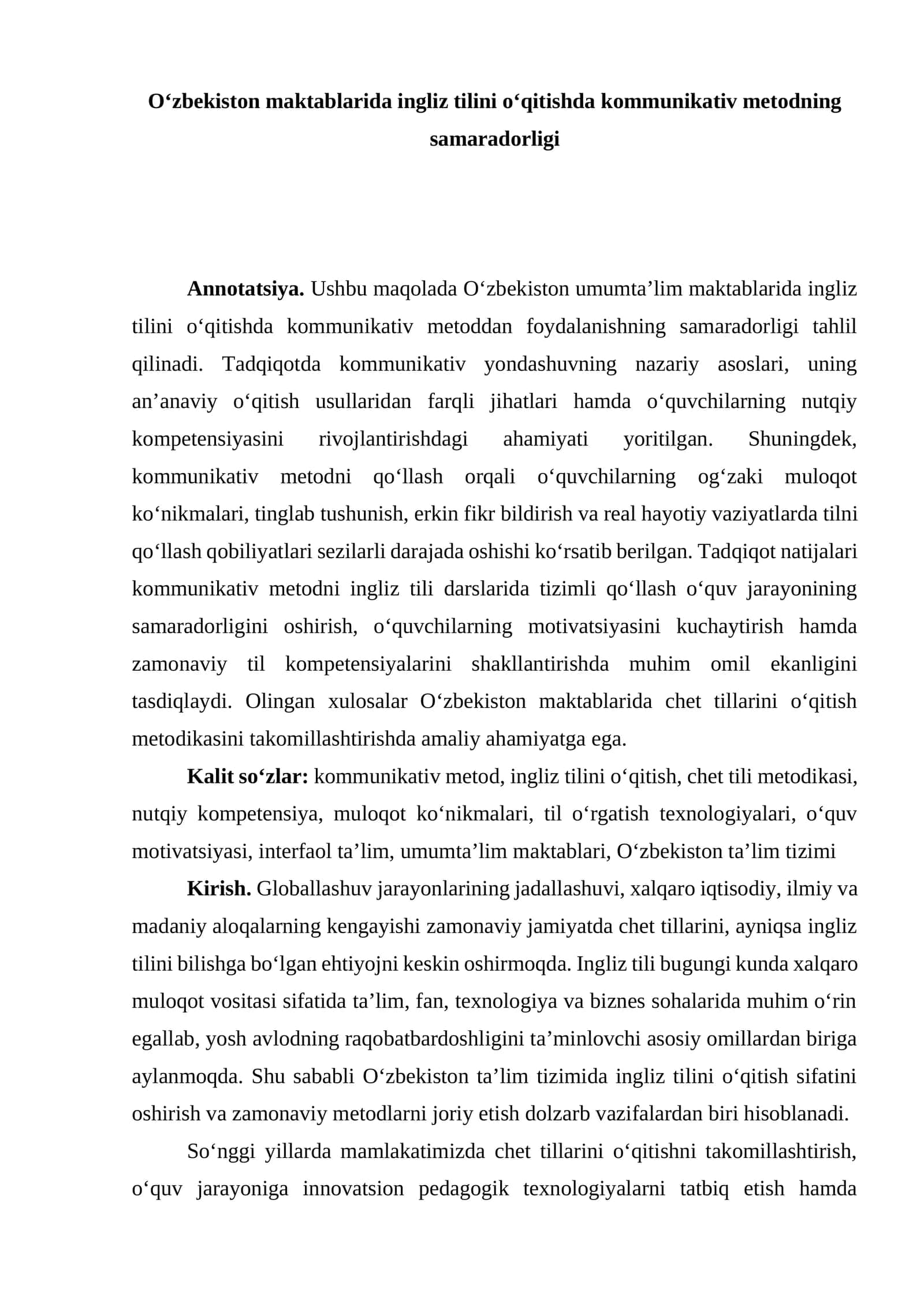 Maqola_O‘zbekiston maktablarida ingliz tilini o‘qitishda kommunikativ metodning samaradorligi