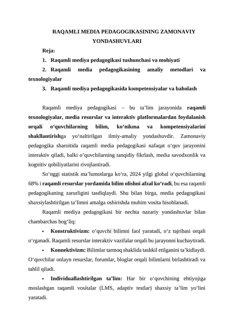 RAQAMLI MEDIA PEDAGOGIKASINING ZAMONAVIY YONDASHUVLARI