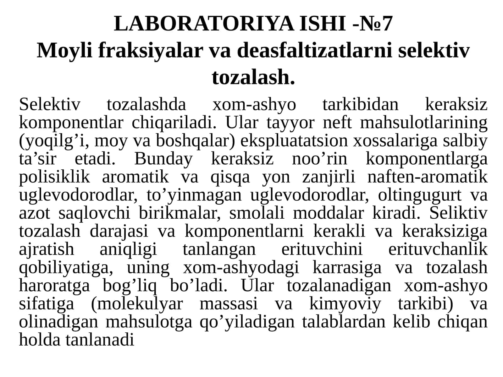 LABORATORIYAishi-№7Moylifraksiyalarvadeasfaltizatlarniselektivtozalash