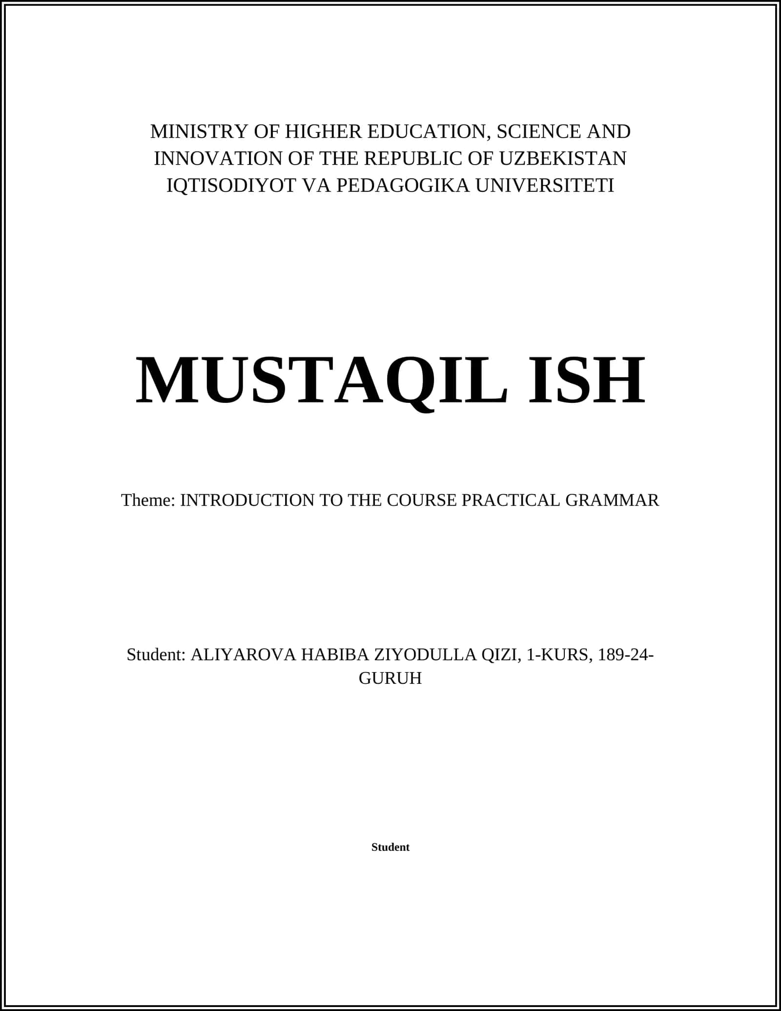 INTRODUCTION TO THE COURSE PRACTICAL GRAMMAR