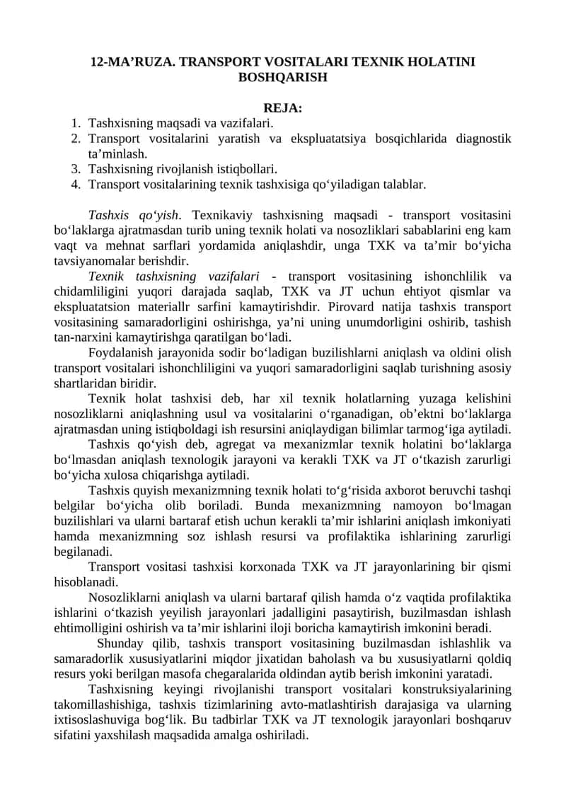 TRANSPORT VOSITALARI TEXNIK HOLATINI BOSHQARISH