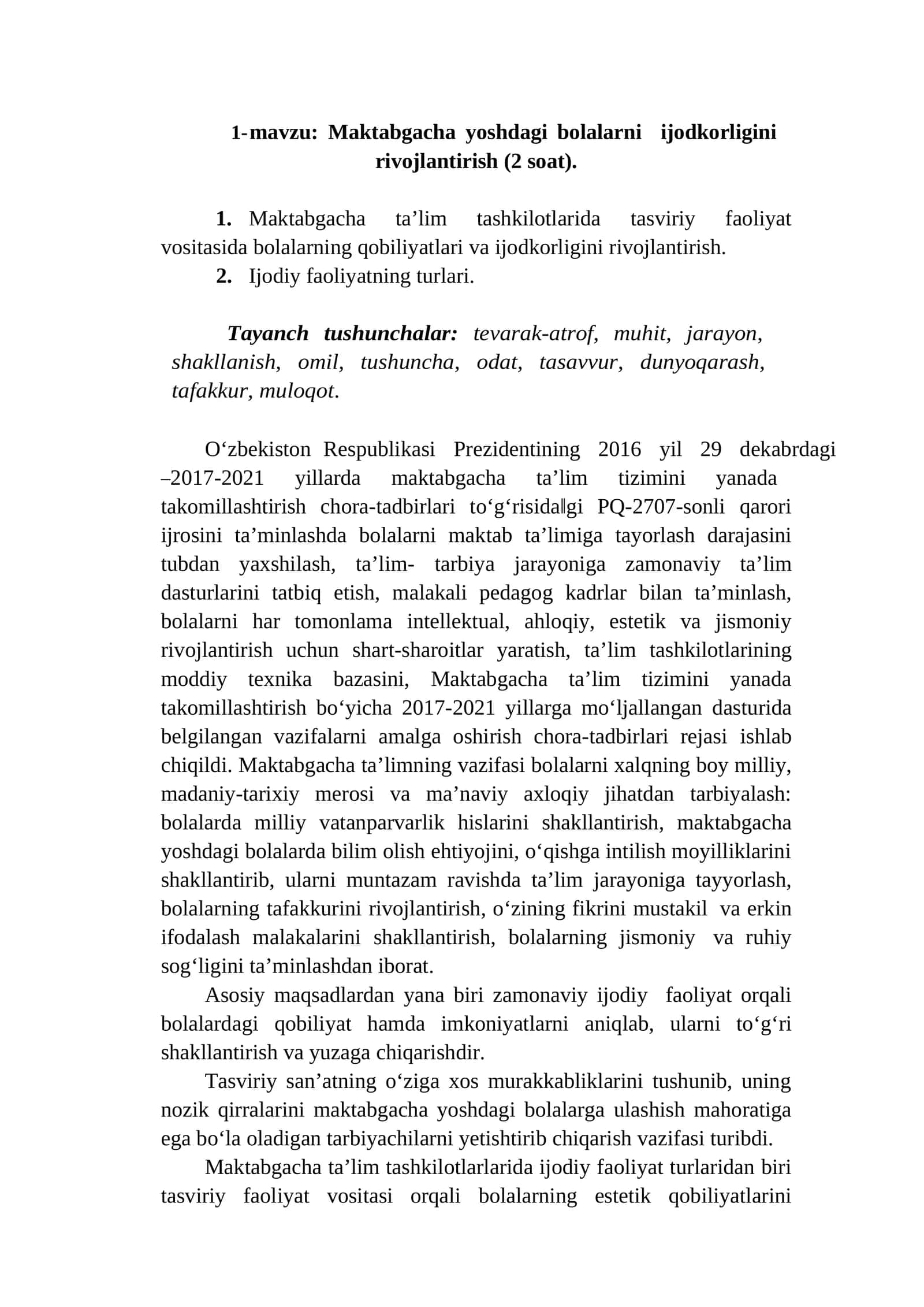 Maktabgacha yoshdagi bolalarni ijodkorligini rivojlantirish (2 soat)