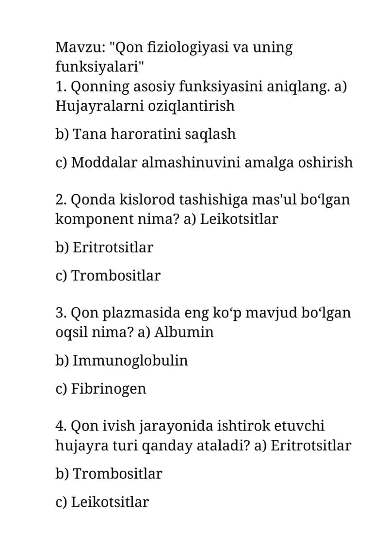 "Qon fiziologiyasi va uning funksiyalari"