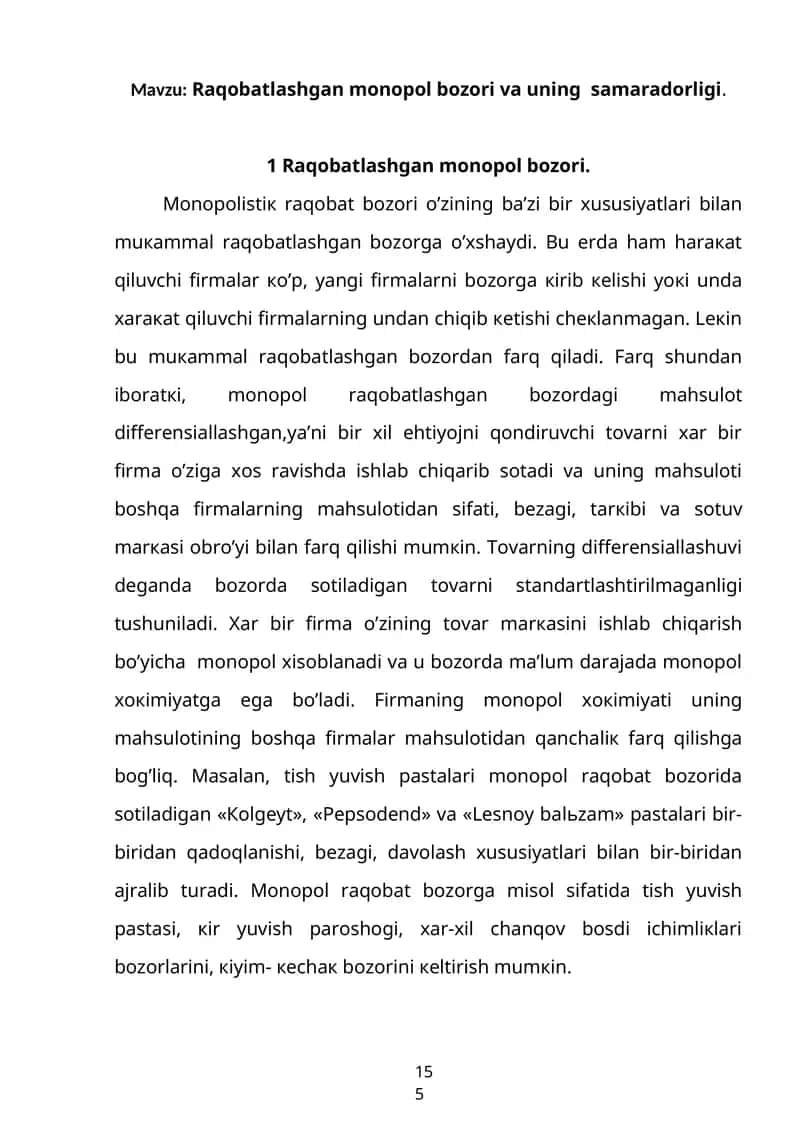 Raqobatlashgan monopol bozori va uning samaradorligi