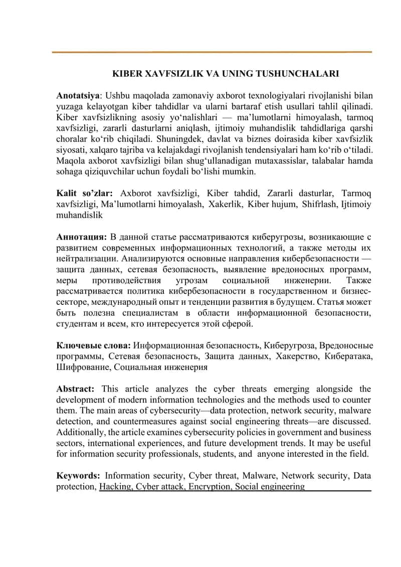KIBER XAVFSIZLIK VA UNING TUSHUNCHALARI