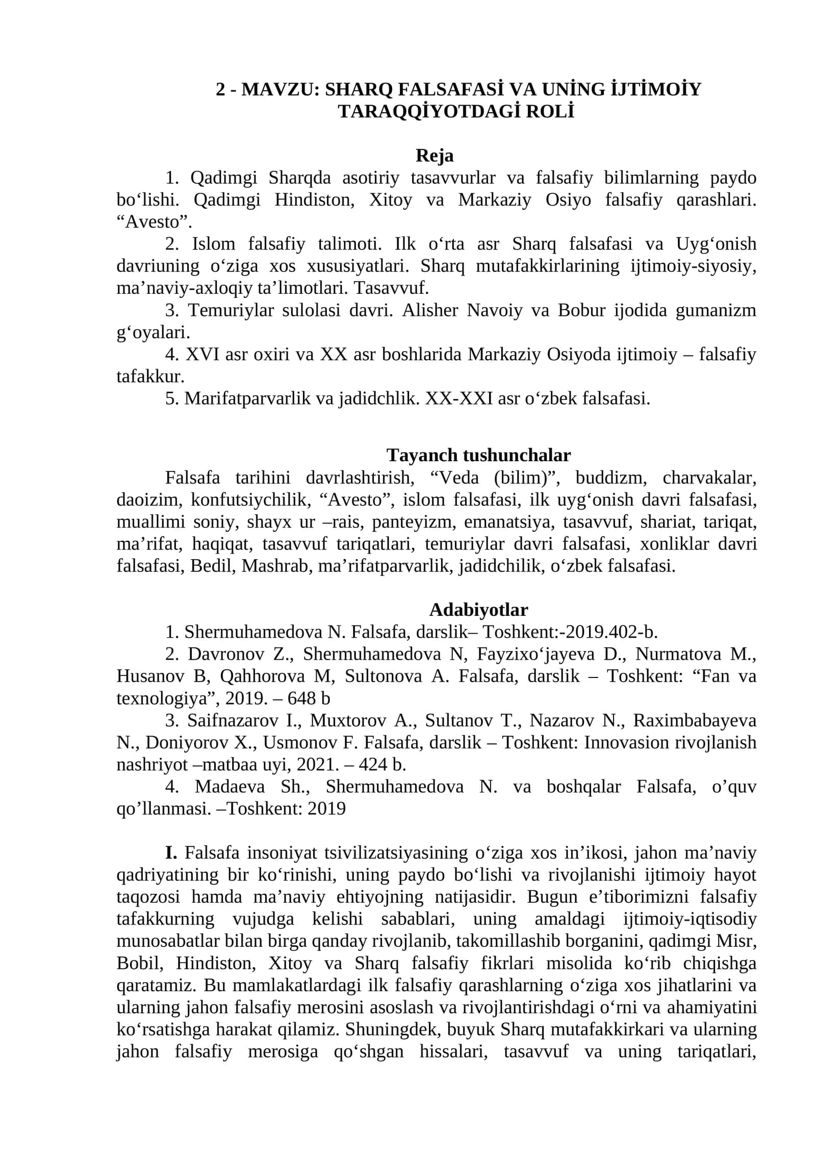 SHARQ FALSAFASİ VA UNİNG İJTİMOİY TARAQQİYOTDAGİ ROLİ