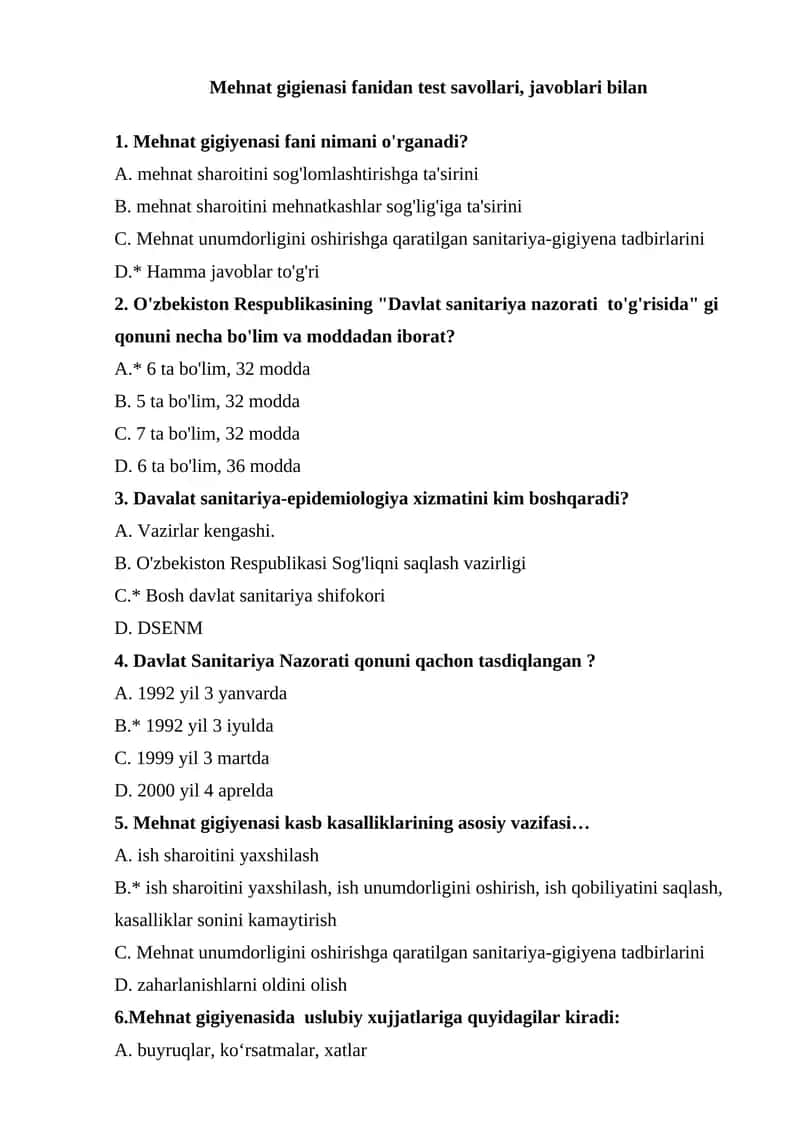 Mehnat gigienasi fanidan test savollari, javoblari bilan