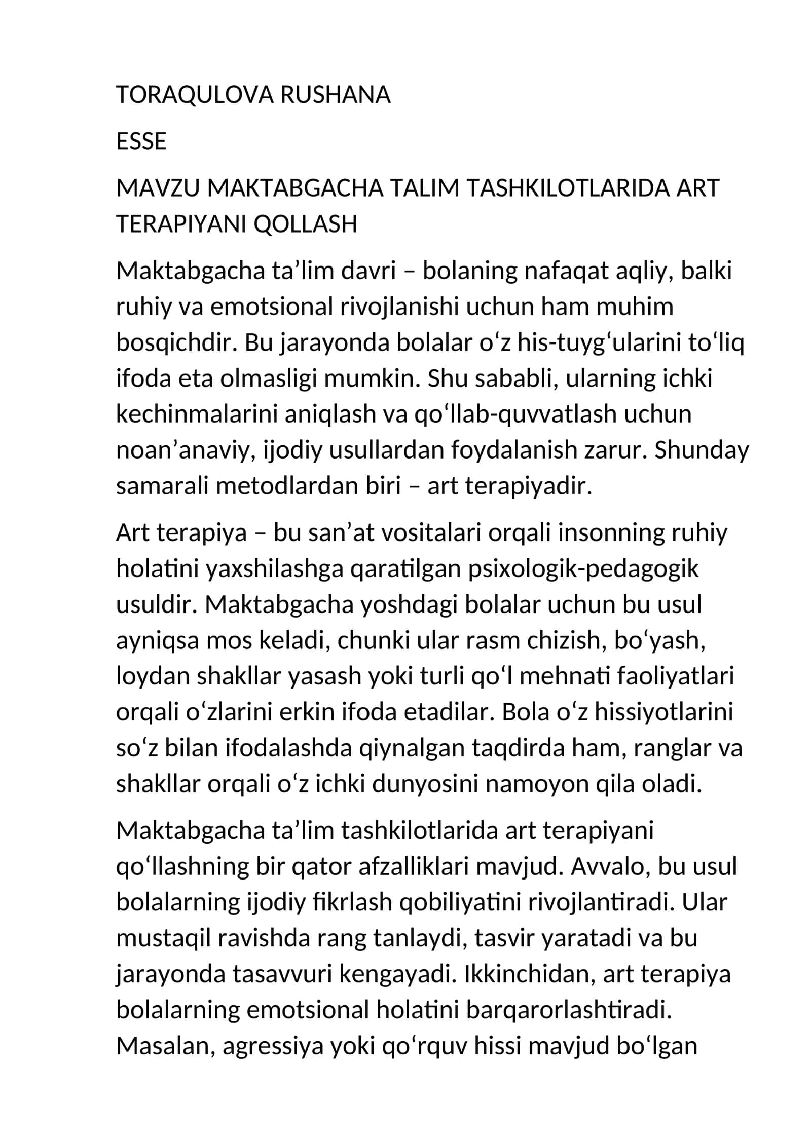 MAKTABGACHA TALIM TASHKILOTLARIDA ART TERAPIYANI QOLLASH