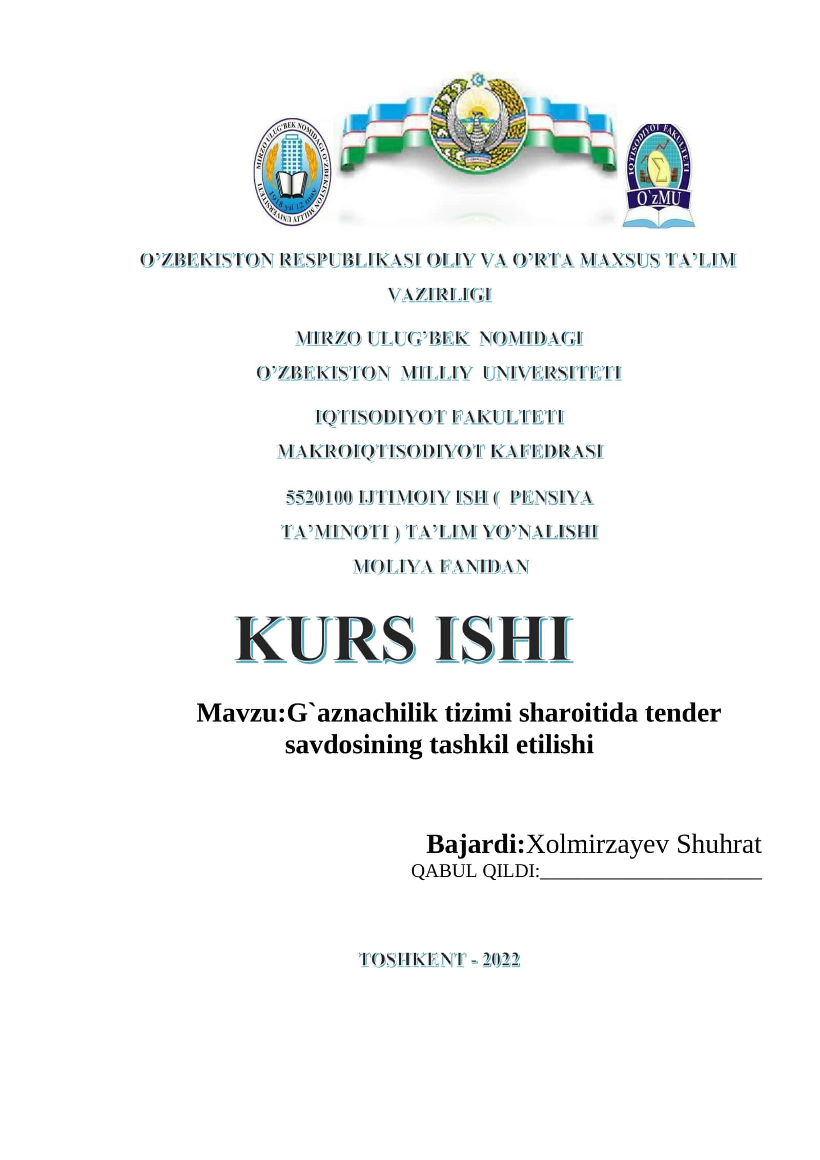 G`aznachilik tizimi sharoitida tender savdosining tashkil etilishi