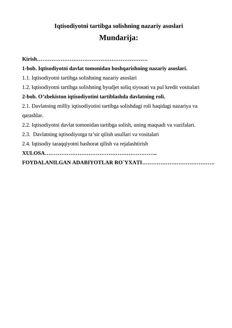 Iqtisodiyotni tartibga solishning nazariy asoslari