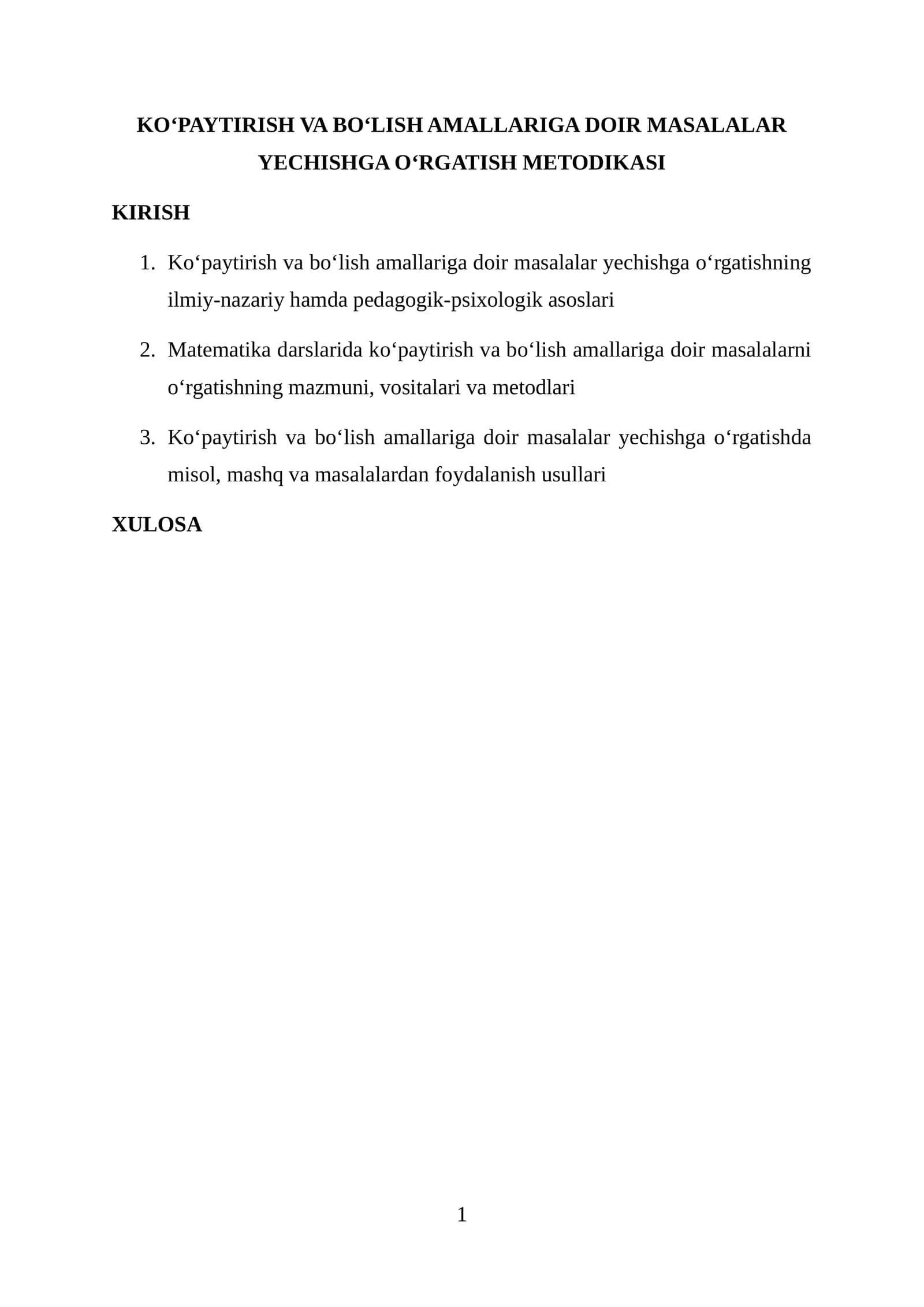 KO‘PAYTIRISH VA BO‘LISH AMALLARIGA DOIR MASALALAR YECHISHGA O‘RGATISH METODIKASI