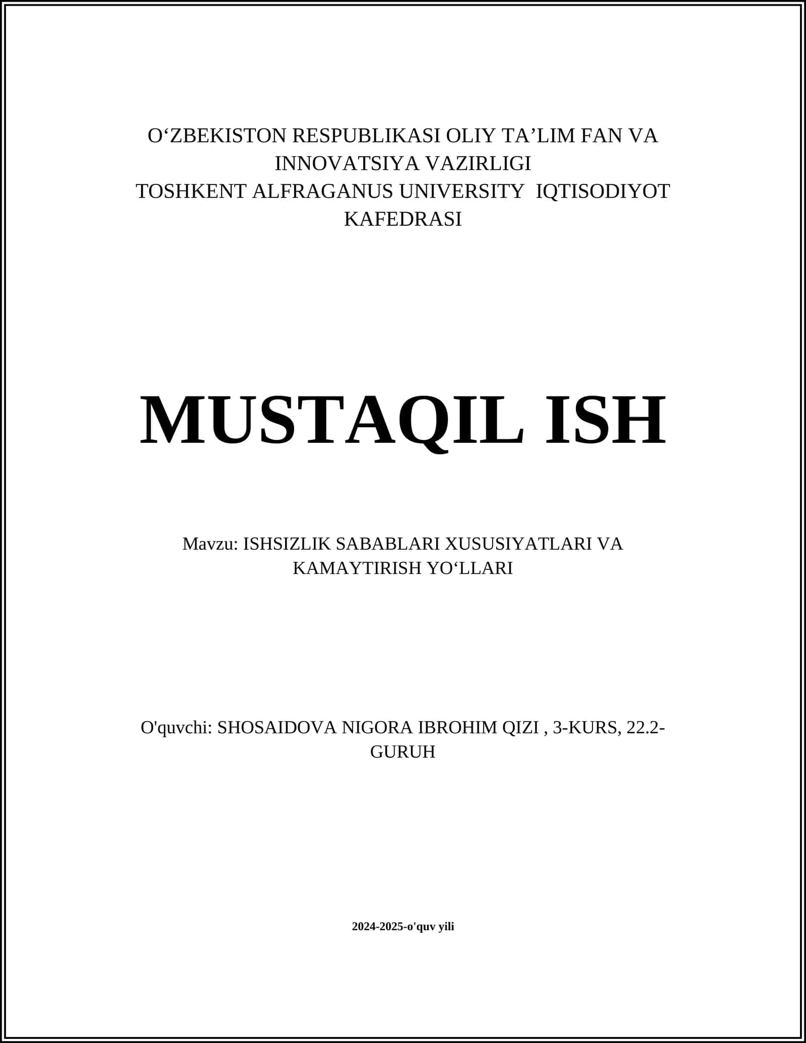 ISHSIZLIK SABABLARI XUSUSIYATLARI VA KAMAYTIRISH YOʻLLARI