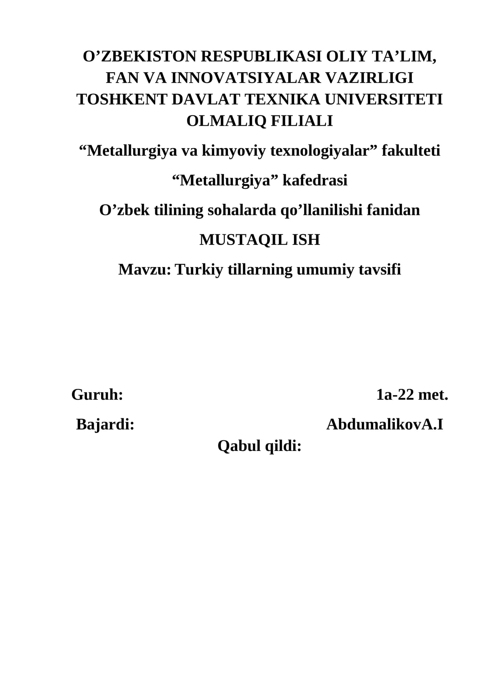 Turkiy tillarning umumiy tavsifi