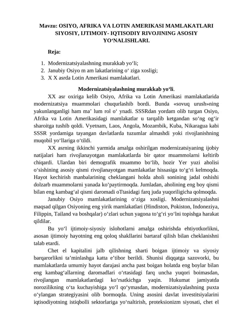 OSIYO, AFRIKA VA LOTIN AMERIKASI MAMLAKATLARI SIYOSIY, IJTIMOIY- IQTISODIY RIVOJINING ASOSIY YO‘NALISHLARI