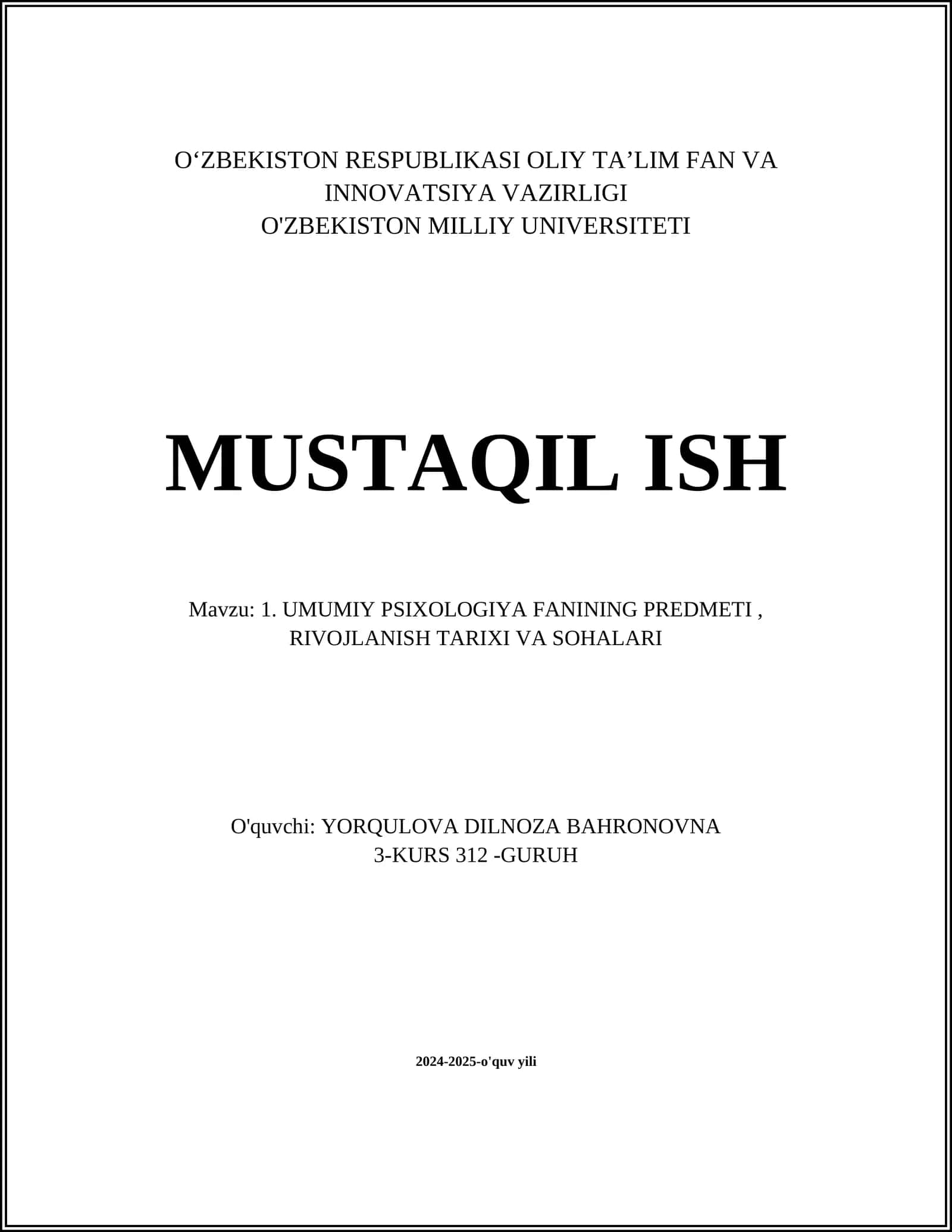 Umumiy psixologiya fanining tarifi