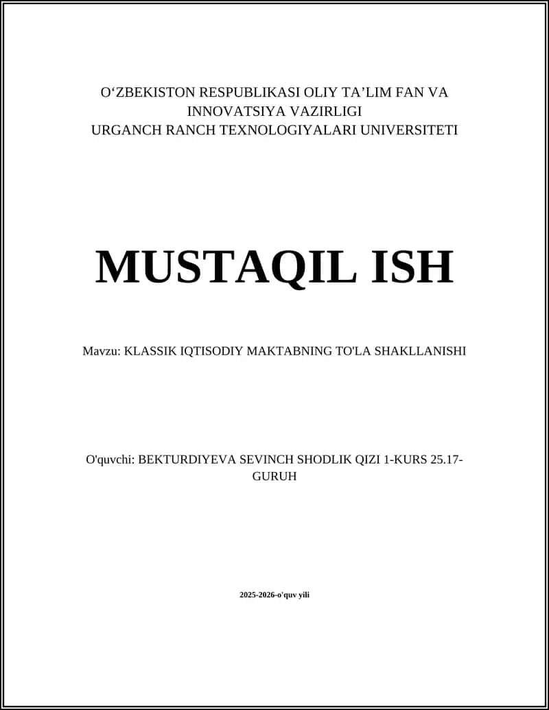 KLASSIK IQTISODIY MAKTABNING TO'LA SHAKLLANISHI