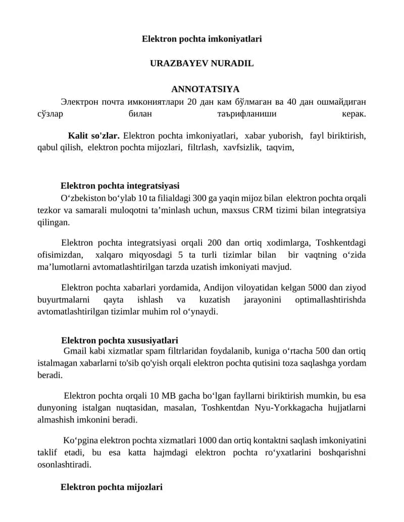 Elektron pochta imkoniyatlari