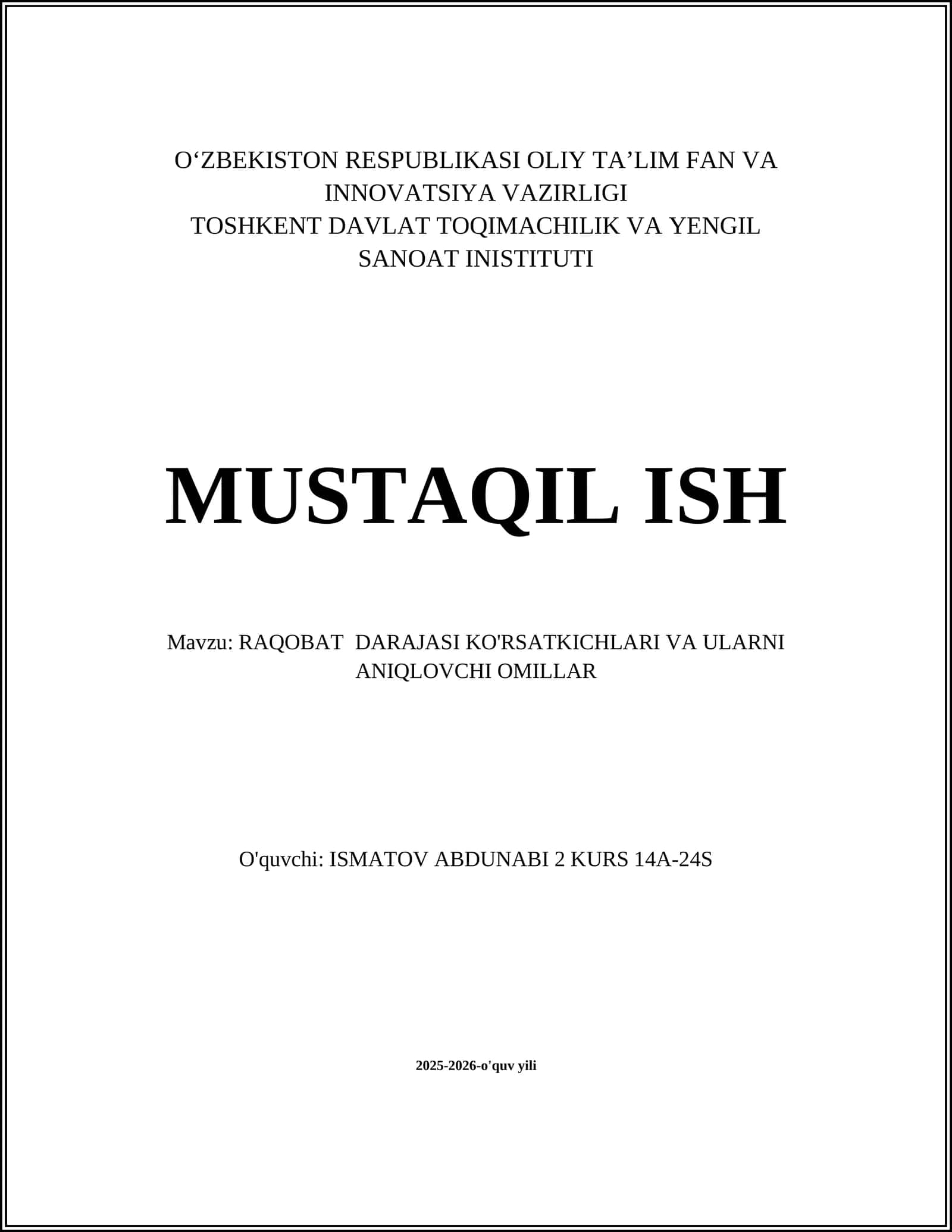 RAQOBAT DARAJASI KO'RSATKICHLARI VA ULARNI ANIQLOVCHI OMILLAR