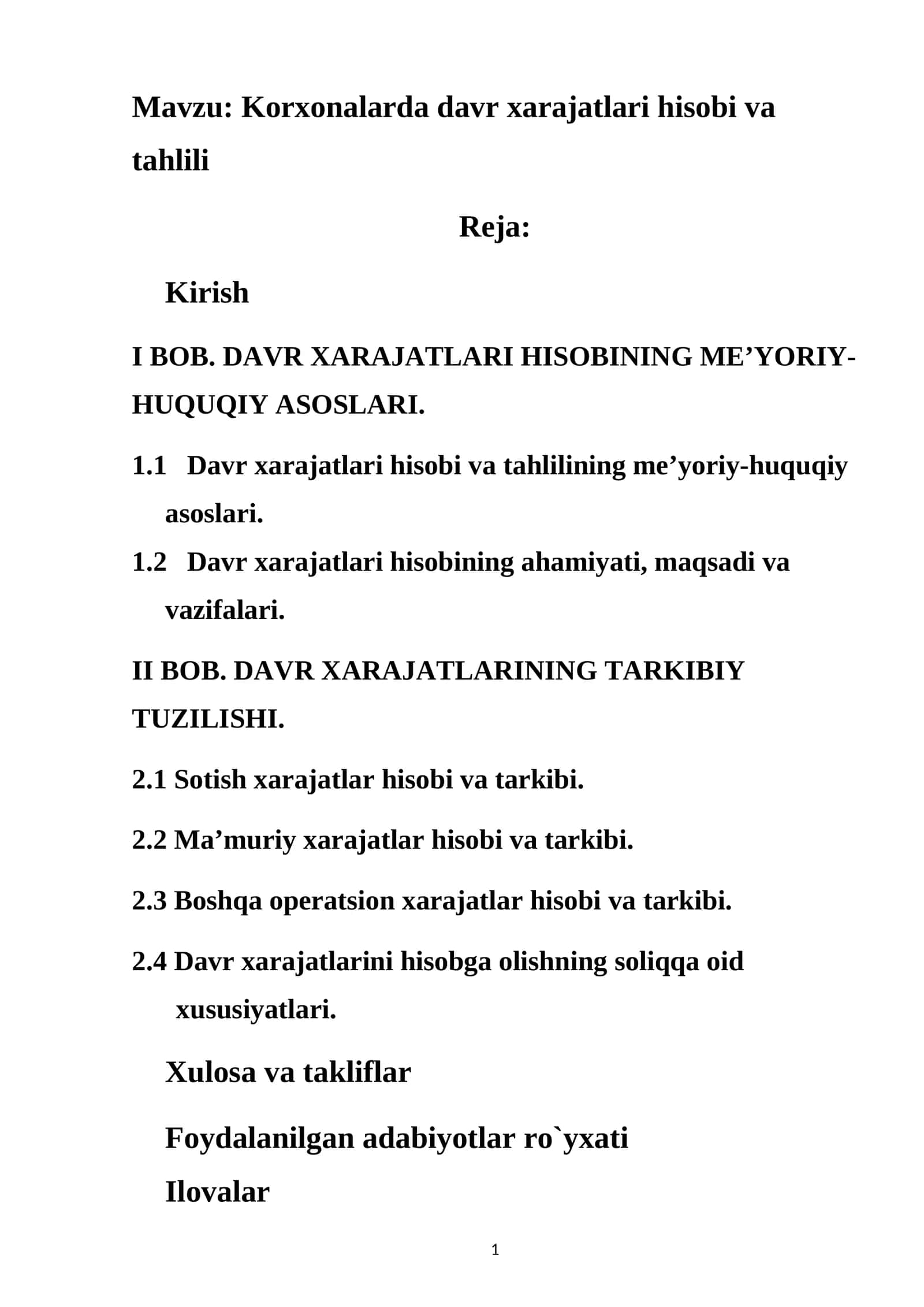 Korxonalarda davr xarajatlari hisobi va tahlili