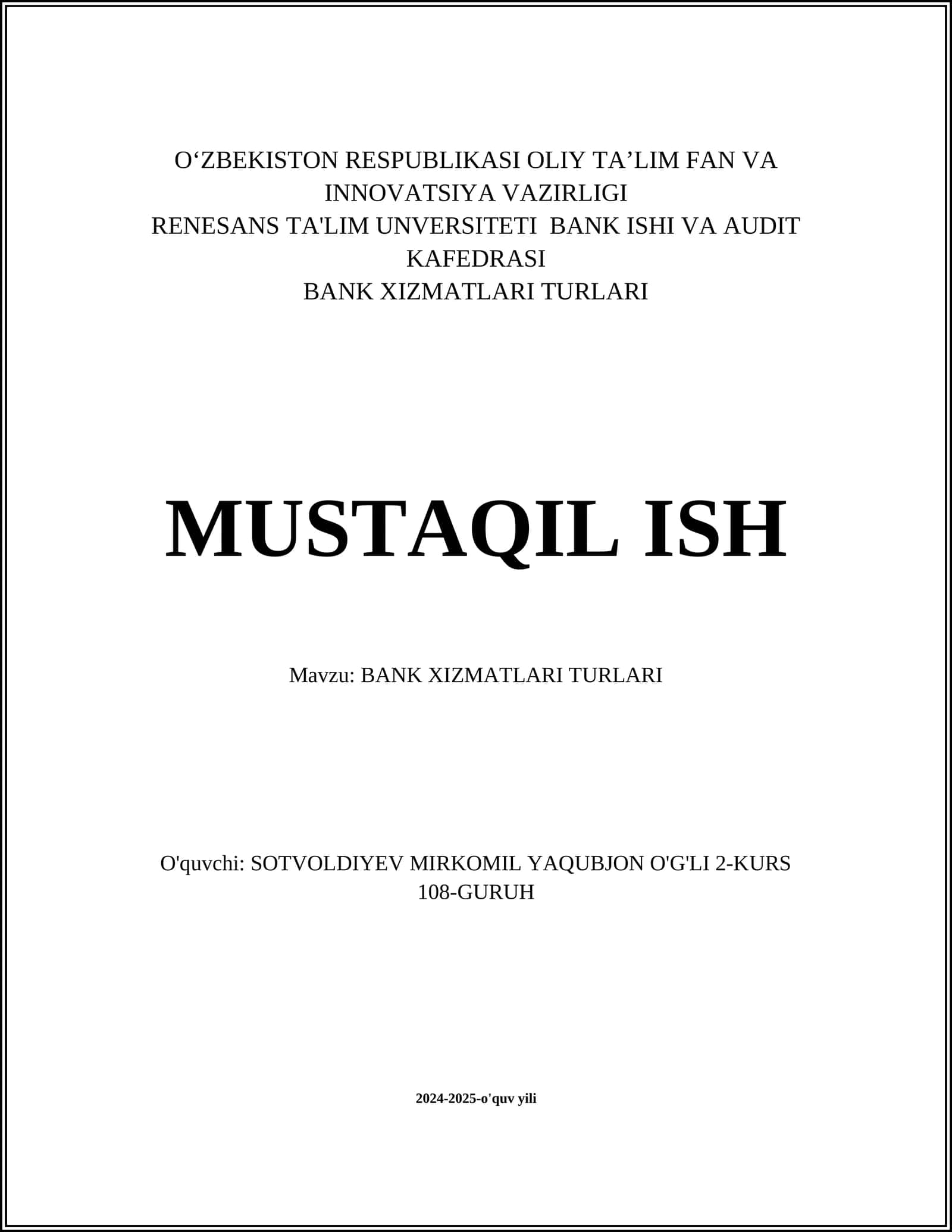BANK XIZMATLARI TURLARI