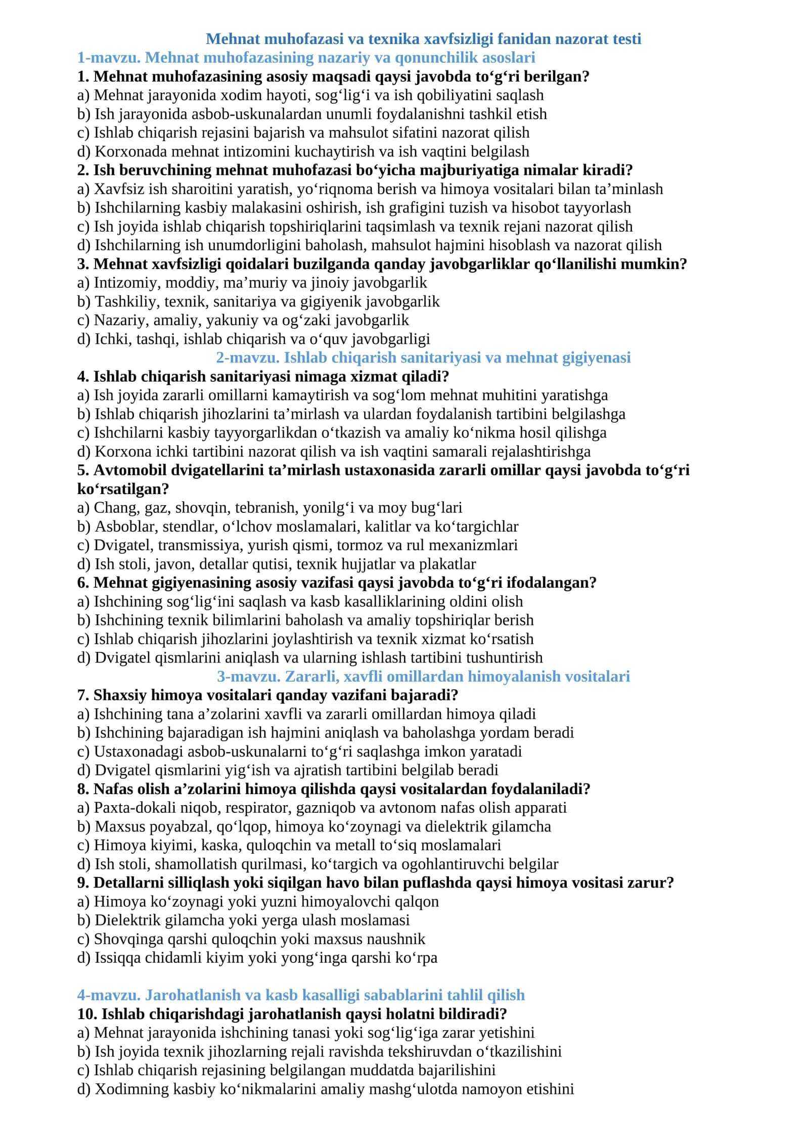 Mehnat muhofazasi va texnika xavfsizligi fanidan nazorat testi
