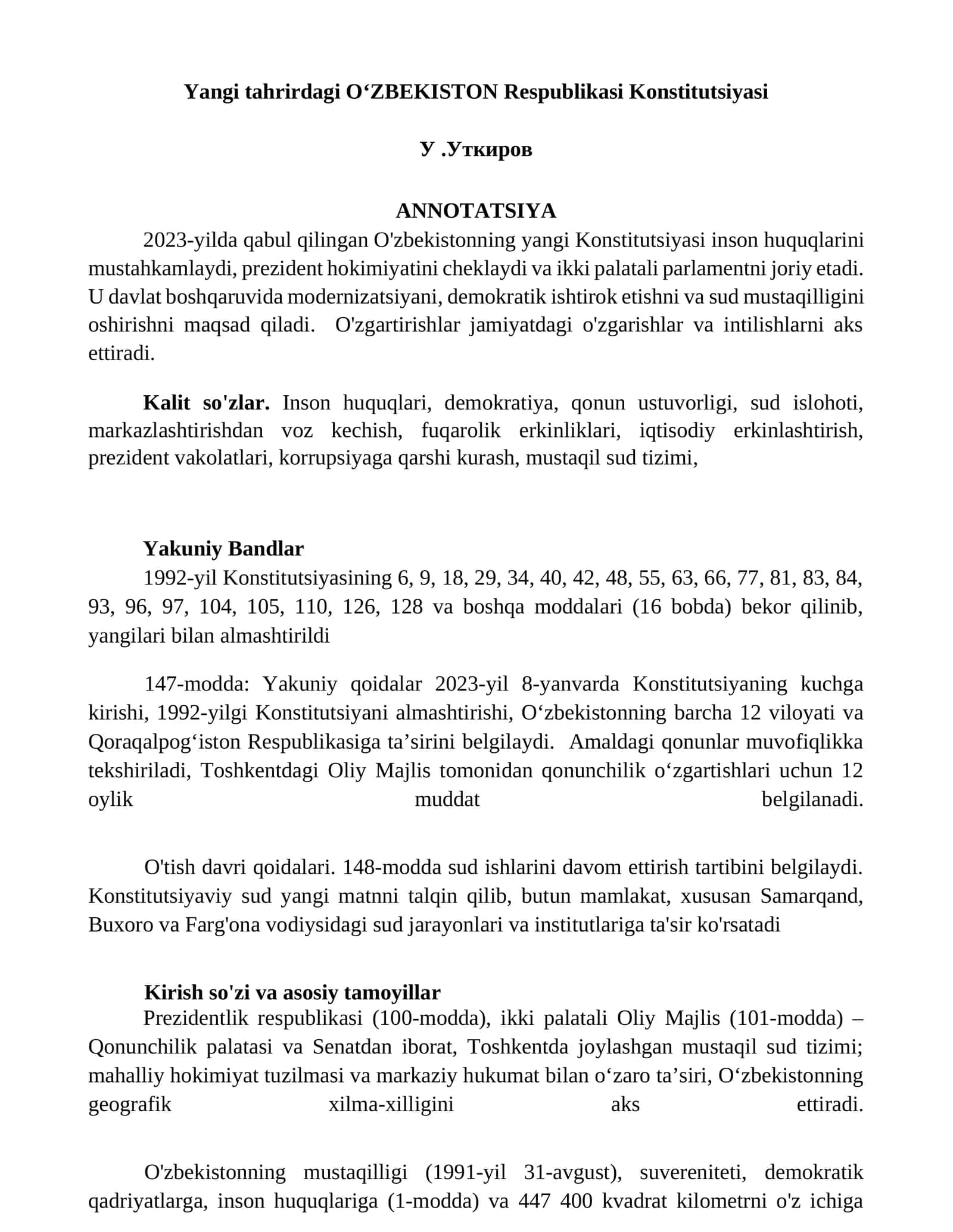 OʻZBEKISTON Respublikasi Yangi Konstitutsiyasi