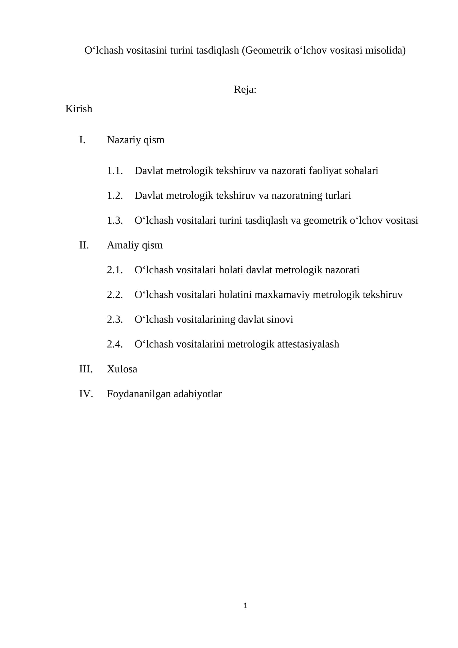 O‘lchash vositasini turini tasdiqlash (Geometrik o‘lchov vositasi misolida)