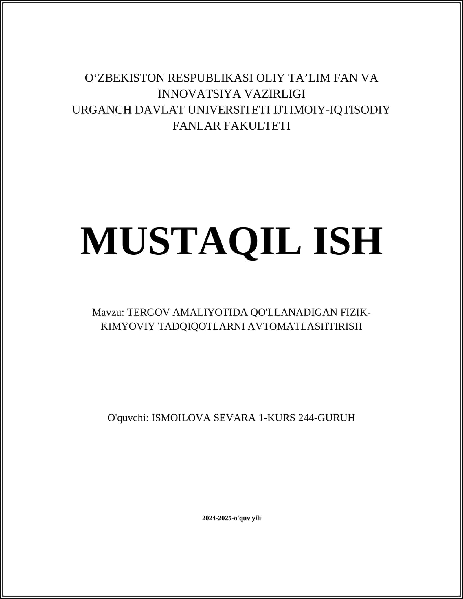 TERGOV AMALIYOTIDA QO'LLANADIGAN FIZIK-KIMYOVIY TADQIQOTLARNI AVTOMATLASHTIRISH