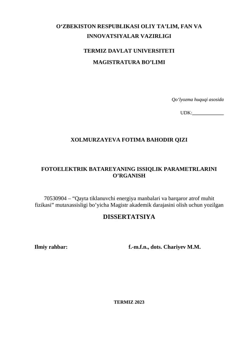 FOTOELEKTRIK BATAREYANING ISSIQLIK PARAMETRLARINI O’RGANISH