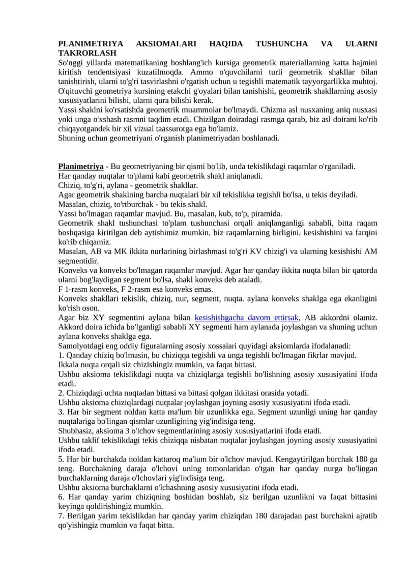 PLANIMETRIYA AKSIOMALARI HAQIDA TUSHUNCHA VA ULARNI TAKRORLASH