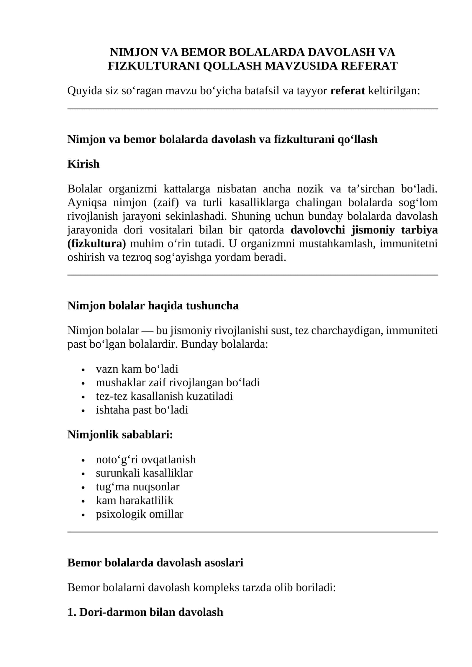 Nimjon va bemor bolalarda davolash va fizkulturani qollash mavzusida referat