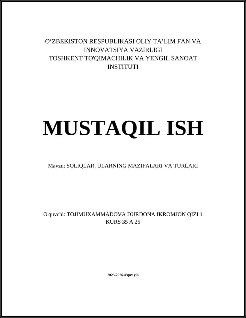 SOLIQLAR, ULARNING MAZIFALARI VA TURLARI