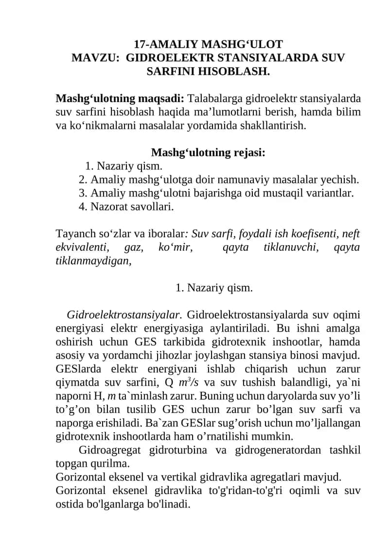 GIDROELEKTR STANSIYALARDA SUV SARFINI HISOBLASH.