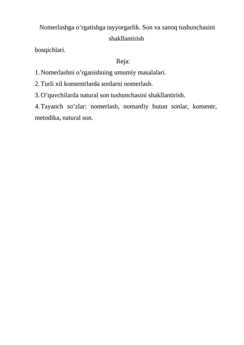 Nomerlashga o‘rgatishga tayyorgarlik
