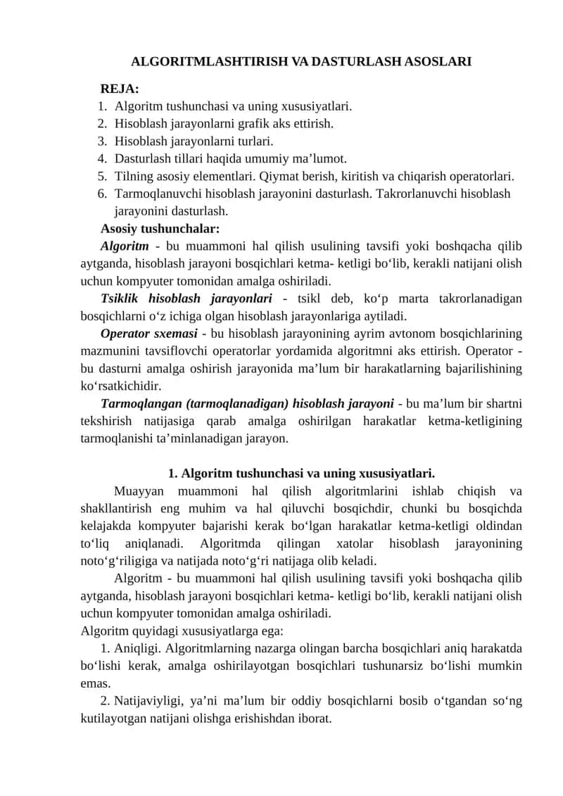 ALGORITMLASHTIRISH VA DASTURLASH ASOSLARI