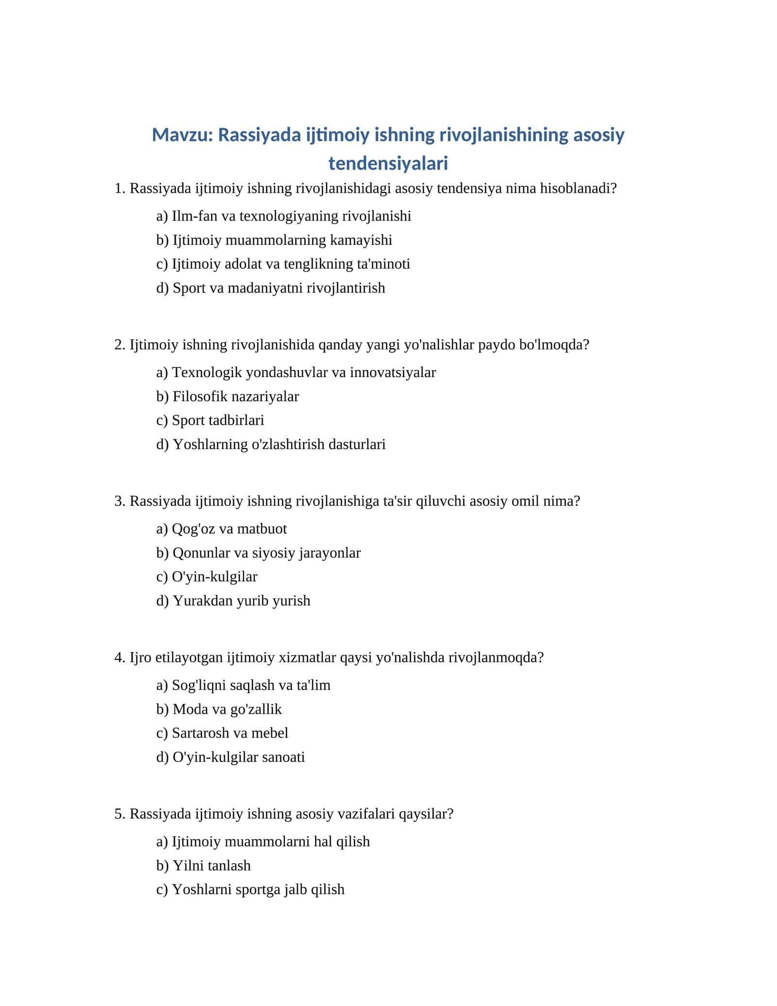 Rassiyada ijtimoiy ishning rivojlanishining asosiy tendensiyalari