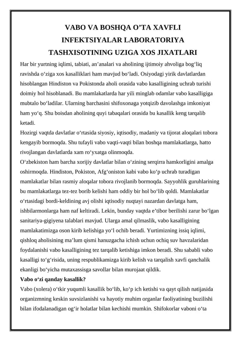Vabo va Boshqa O'ta Xavfli Infektsiyalar Laboratoriya Tashxisotining Uziga Xos Jixatlari