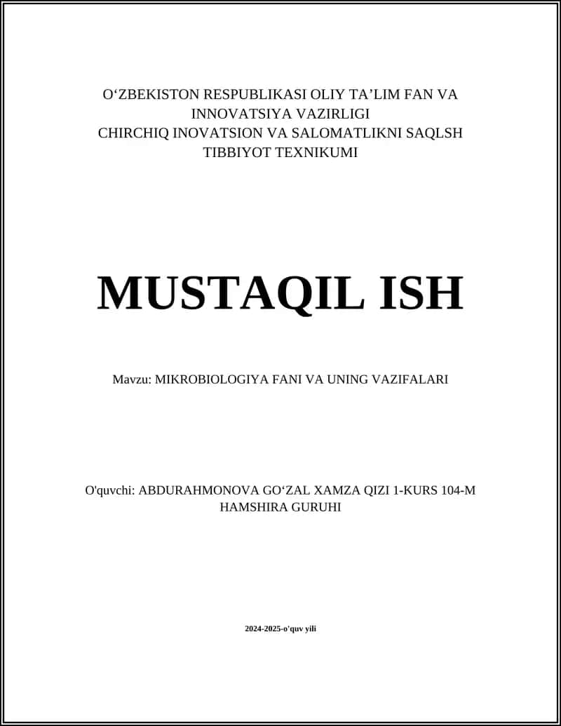MIKROBIOLOGIYA FANI VA UNING VAZIFALARI