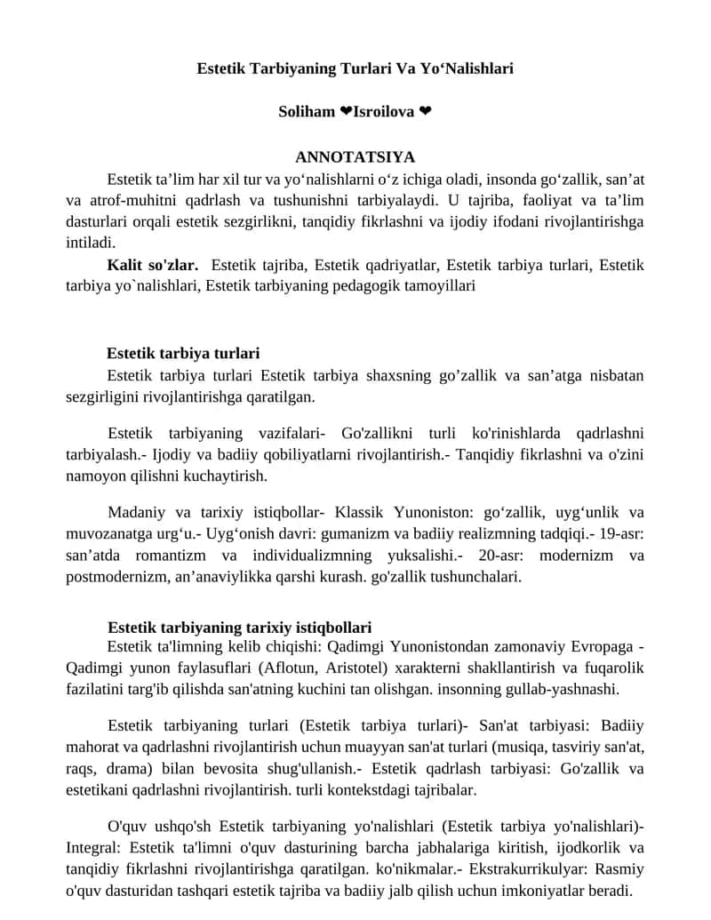 Estetik Tarbiyaning Turlari Va YoʻNalishlari