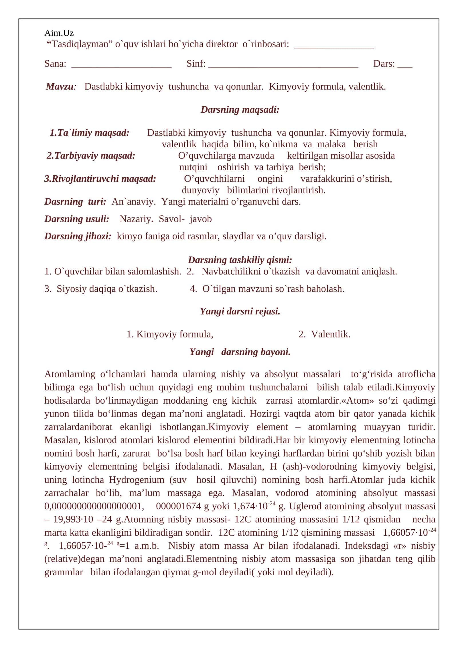 Dastlabki kimyoviy tushuncha va qonunlar. Kimyoviy formula, valentlik