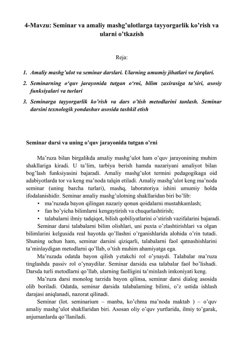 Seminar va amaliy mashg’ulotlarga tayyorgarlik ko’rish va ularni o’tkazish