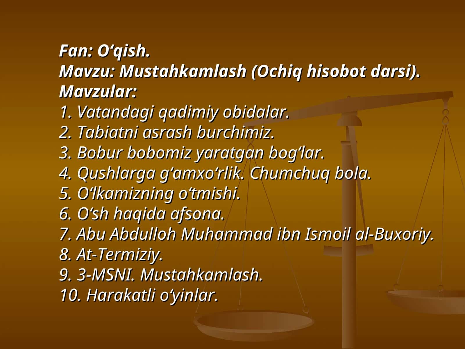 Mustahkamlash (Ochiq hisobot darsi)