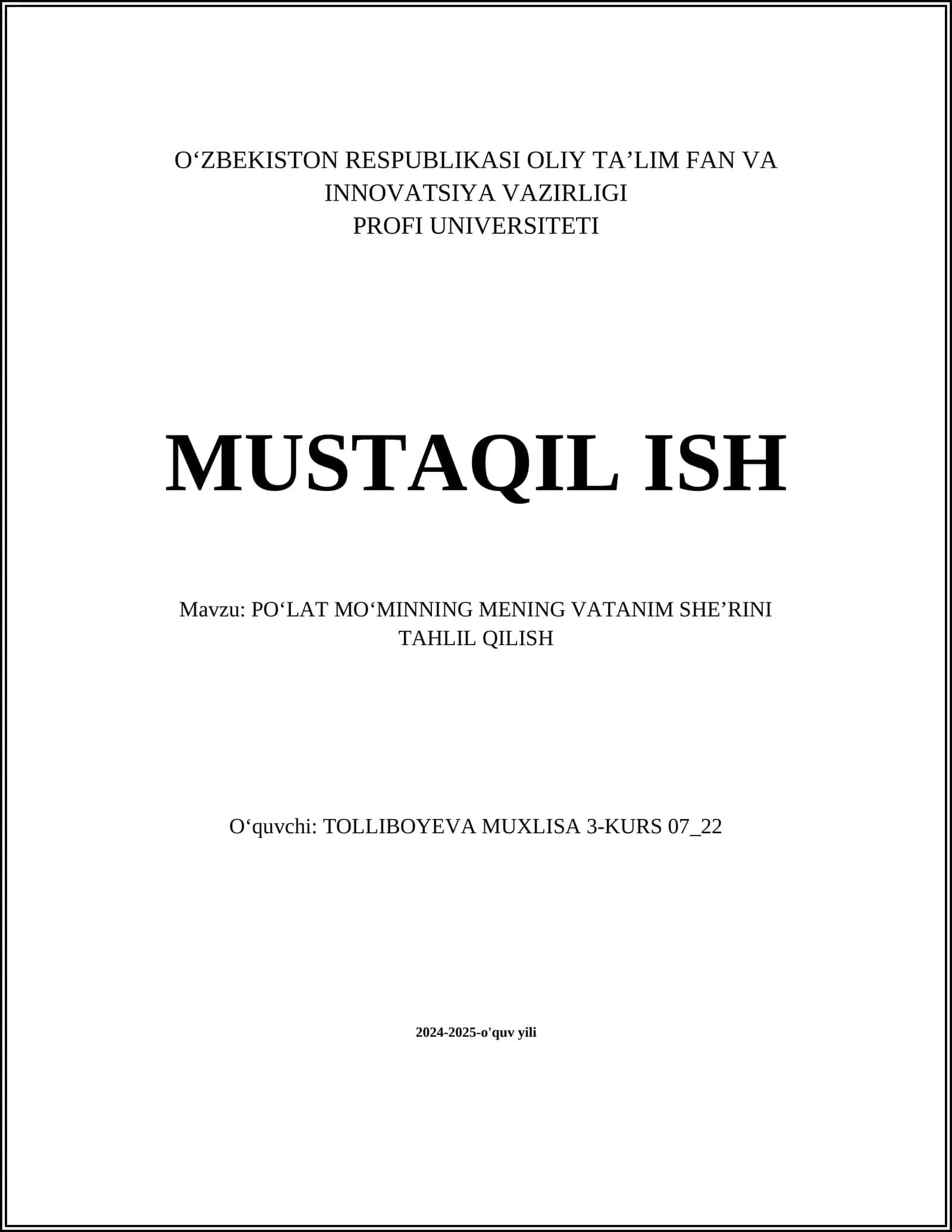 POʻLAT MOʻMINNING MENING VATANIM SHEʼRINI TAHLIL QILISH