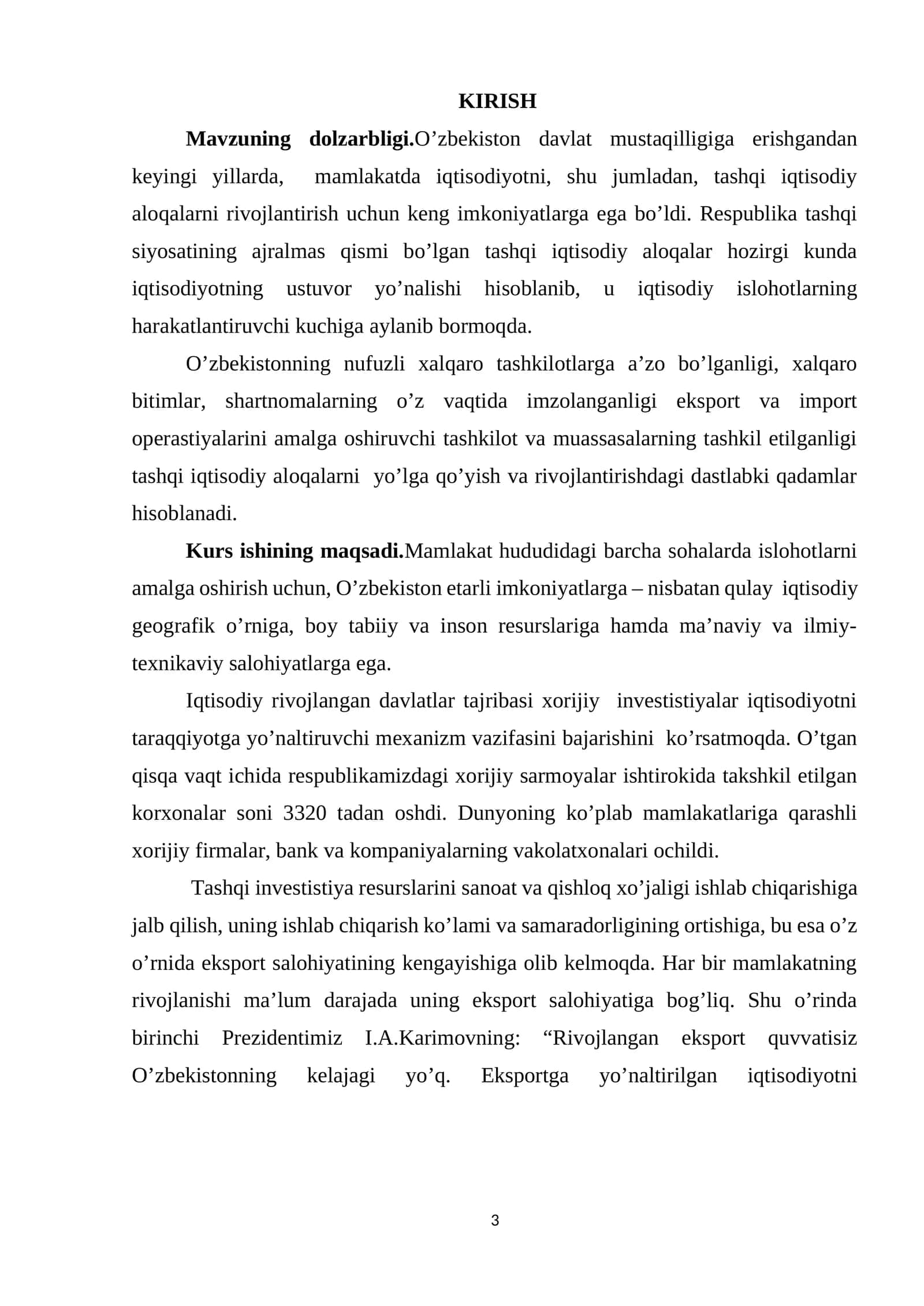 JAHON MAMLAKATLARI BILAN O’ZBEKISTON
RESPUBLIKASI TASHQI IQTISODIY ALOQALARINING SHAKILLANISHi