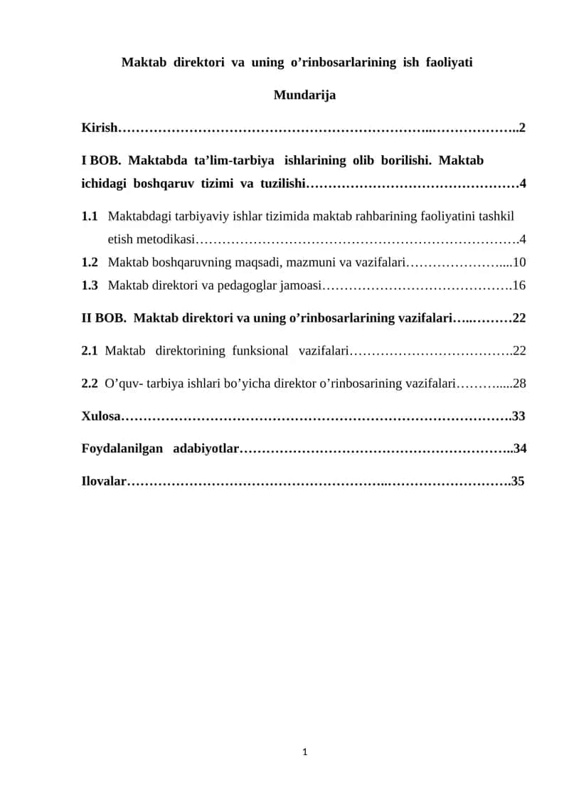 Maktab direktori va uning o’rinbosarlarining ish faoliyati