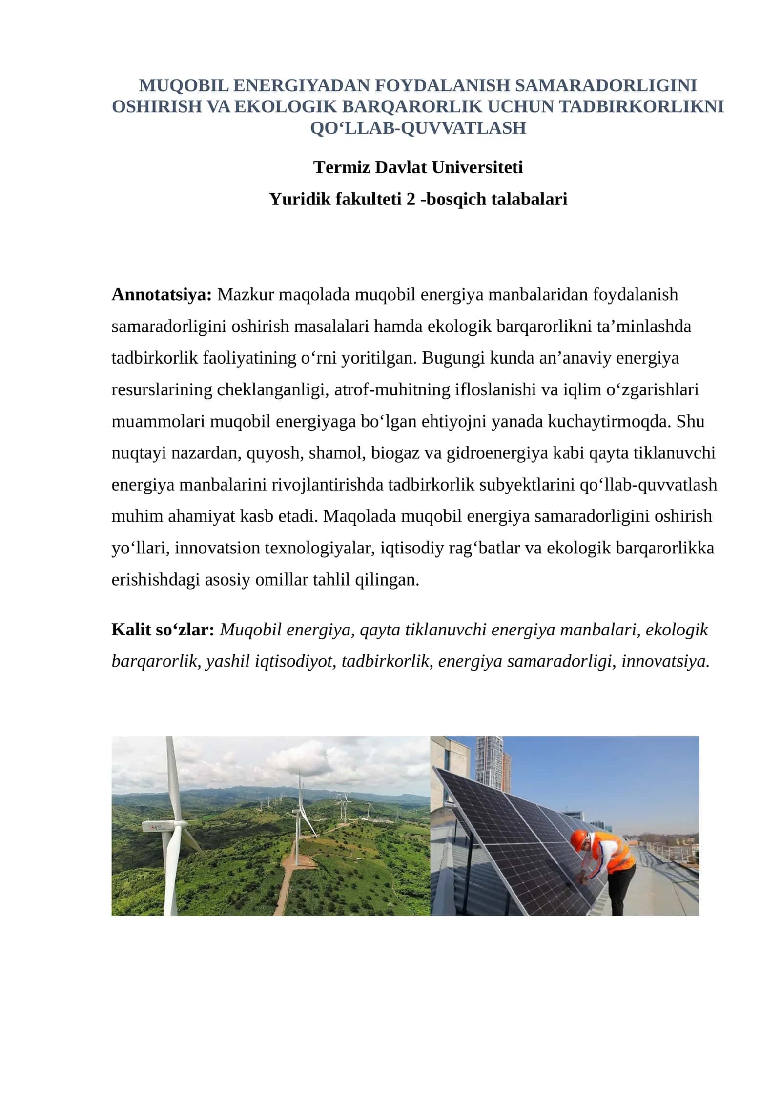 MUQOBIL ENERGIYADAN FOYDALANISH SAMARADORLIGINI OSHIRISH VA EKOLOGIK BARQARORLIK UCHUN TADBIRKORLIKNI QO‘LLAB-QUVVATLASH